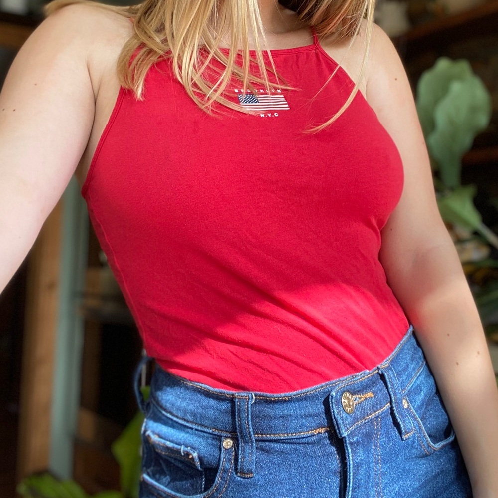 Red divided USA tank top one piece